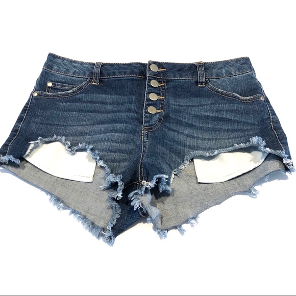 Pants - Distressed Denim High Waist Button Fly Short Short